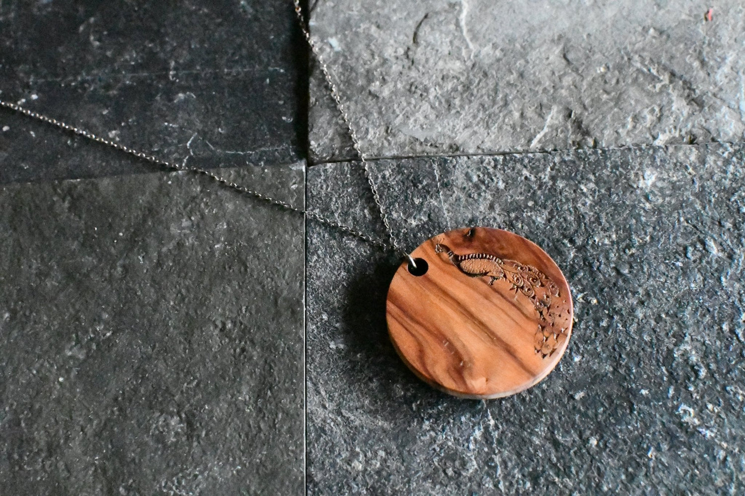 Peacock Pendant – Exotic Wood, 1.5″ Medallion, 18″ Sterling - PRW Made - Necklaces