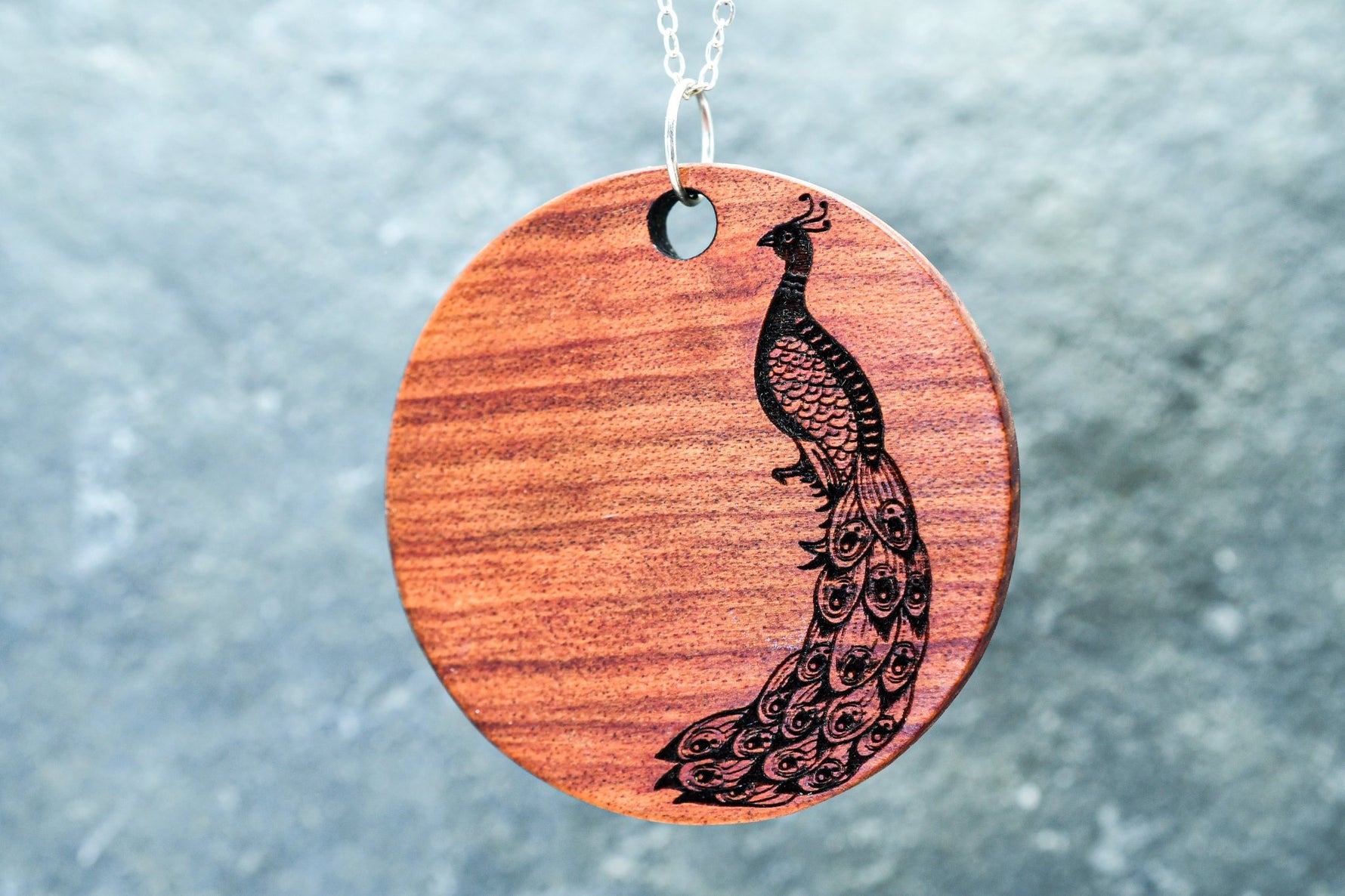 Peacock pendant necklace in Olivewood, 1.5-inch medallion on 18-inch sterling silver chain