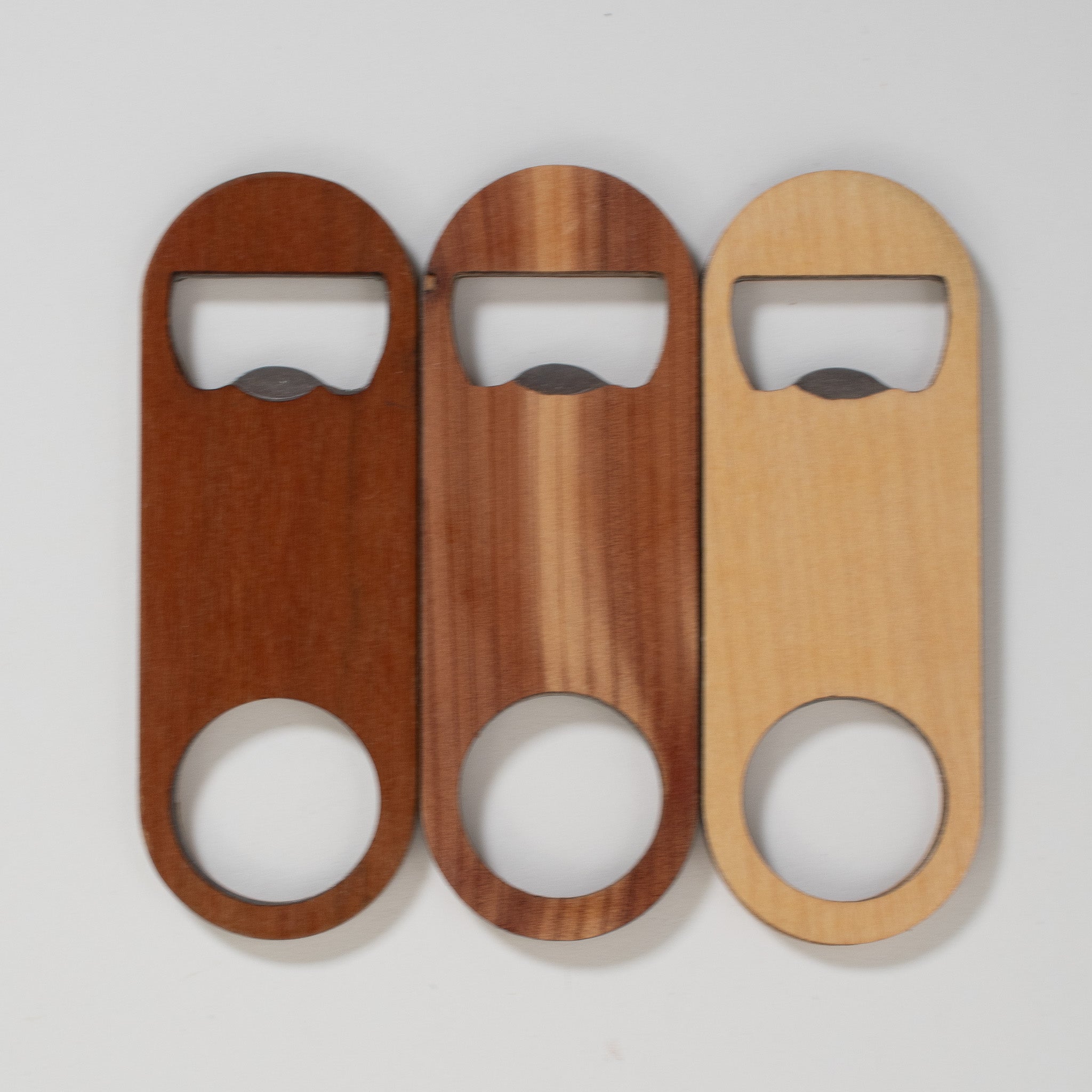 Small speed-style bottle opener with a real wood veneer face, personalized and handmade by PRWMade