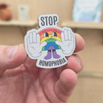 Stop Homophobia rainbow character cherry wood magnet, UV printed pride design