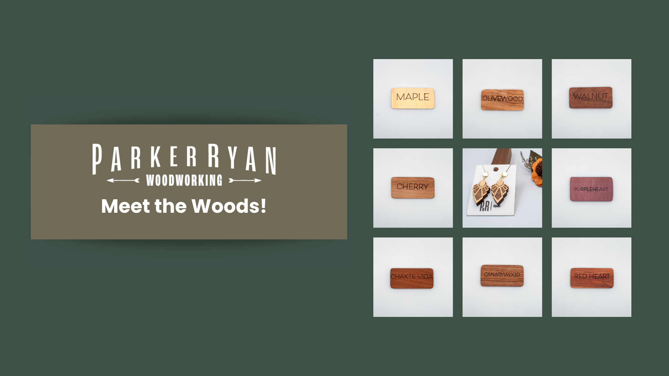 Nine sustainable hardwood samples used in PRWMade handmade jewelry including maple, olivewood, walnut, cherry, purpleheart, chakte viga, canarywood, and red heart