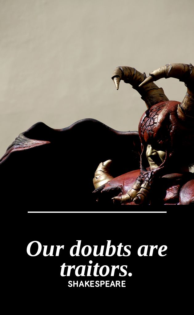 UV printed metal bookmark artwork, horned stone figurine photograph, paired with the Shakespeare quote Our Doubts Are Traitors, by PRWMade