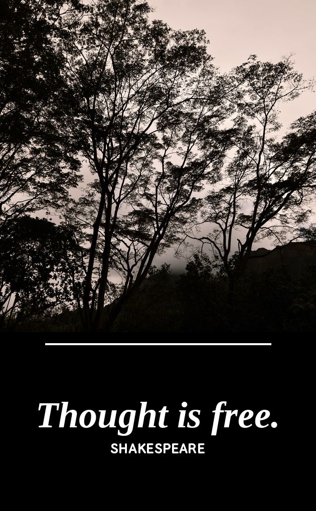 UV printed metal bookmark artwork, wind-blown trees photograph, paired with the Shakespeare quote Thought Is Free, by PRWMade