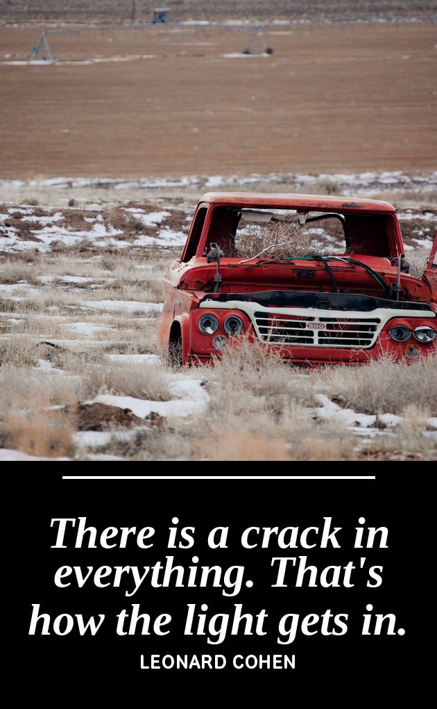 UV printed metal bookmark artwork, vintage red truck photograph, paired with the Leonard Cohen line There Is a Crack in Everything, by PRWMade