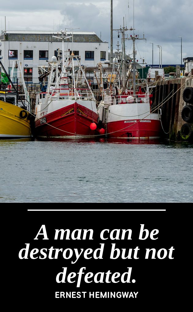 UV printed metal bookmark artwork, harbour fishing boats photograph, paired with the Hemingway line Destroyed But Not Defeated, by PRWMade