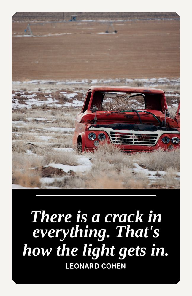 Metal bookmark, A Crack in Everything by Cohen, abandoned red truck photograph