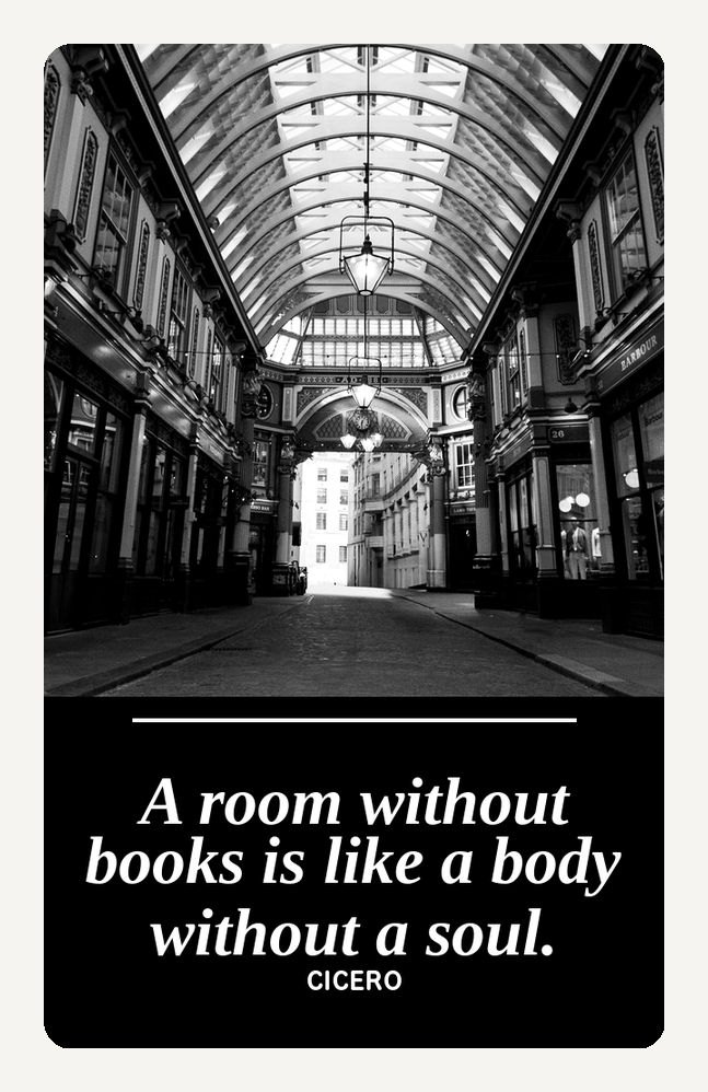 Metal bookmark, A Room Without Books by Cicero, Leadenhall Market arcade photograph