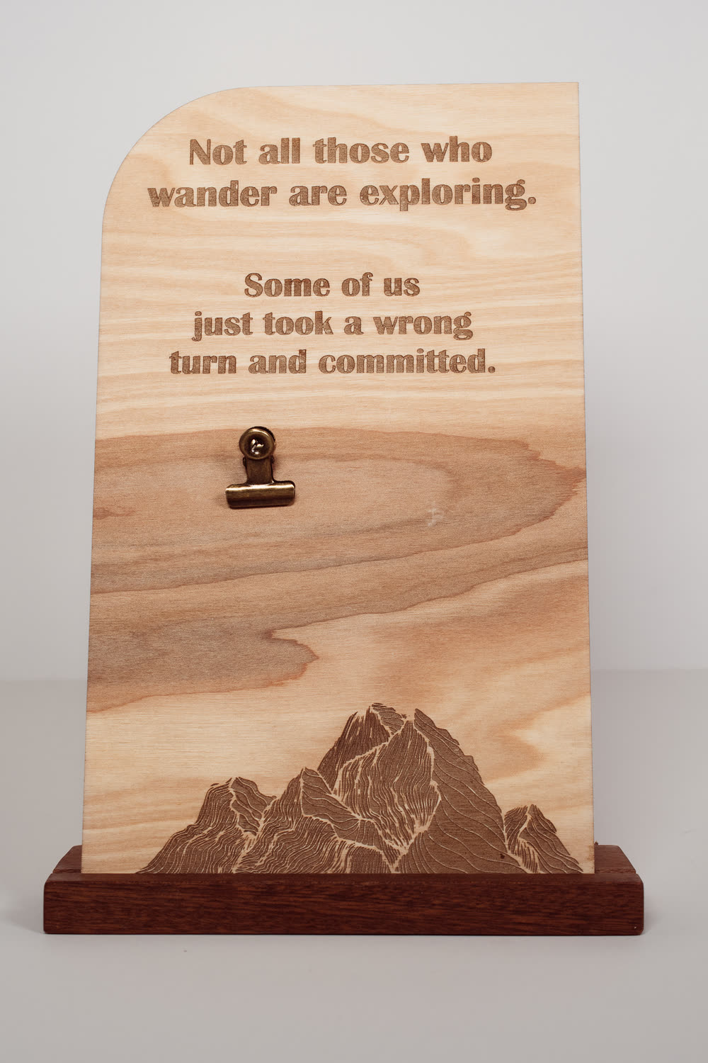Laser engraved wooden message board with clip on a matching wood stand, Not All Who Wander Are Lost mountain design, handmade in Ohio by PRWMade