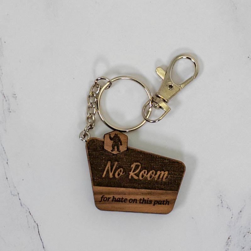 Alternate view of the walnut No Room For Hate trail-marker wood keychain with Bigfoot engraving and silver clasp, by PRWMade