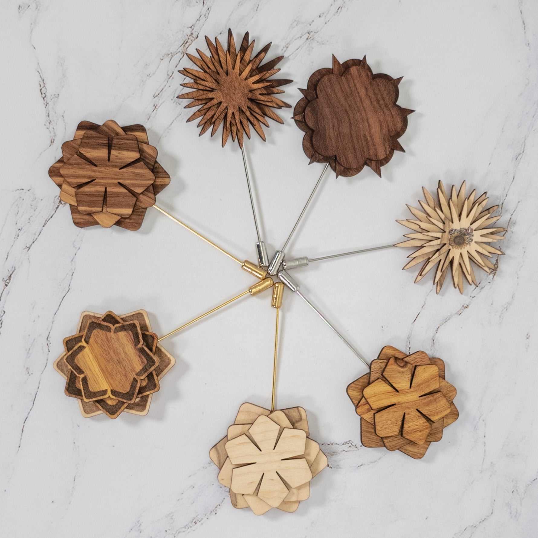 Wooden geometric wall art on a marble background