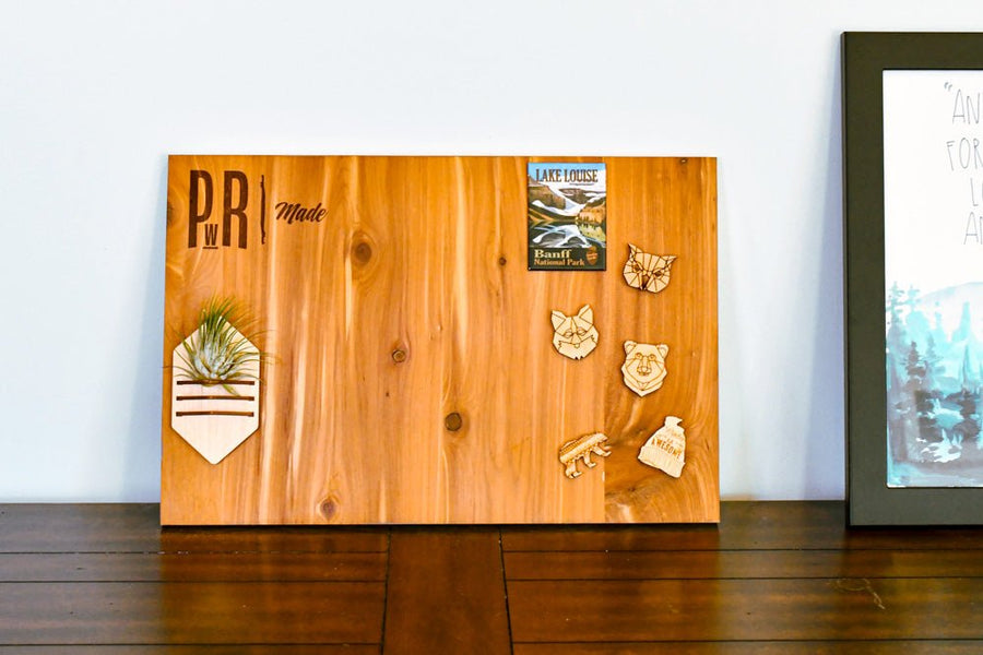 Wooden magnetic board 18x20 inches in Padauk, minimal frame, handmade wall-mount display